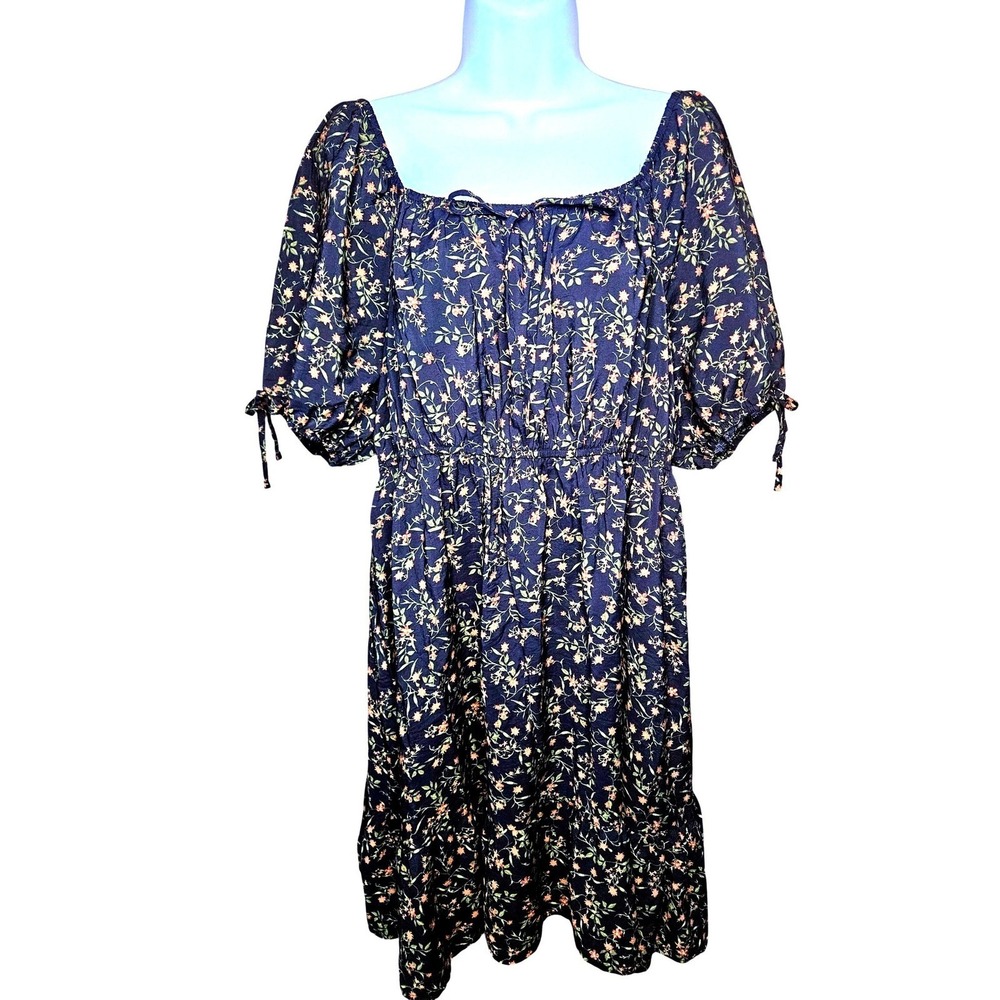 Off-shoulder Midnight Blue Ditsy Floral Midi Peasant Dress 2XL Puff Sleeve #582